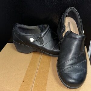 Clarks Black Leather Women's Mules with Silver Button